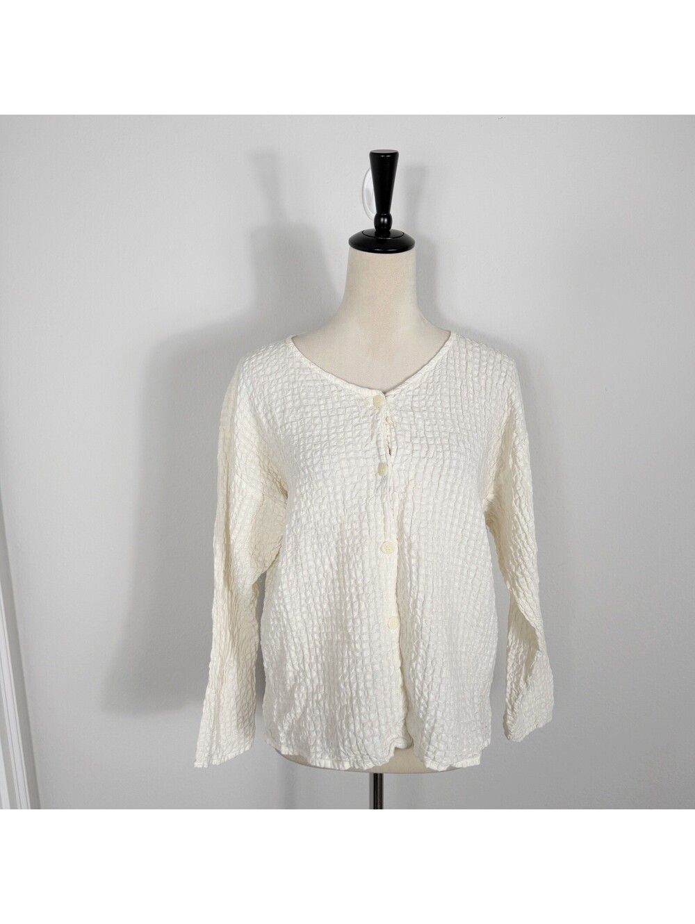 Eileen Fisher Women’s Linen Textured Button Front Blouse White Lagenlook Small